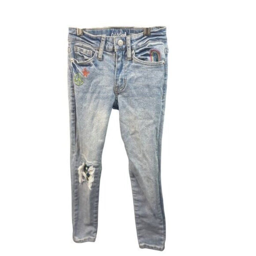 Cat & Jack‎ Girls Blue Skinny Jeans With Embroidered Patches & Distressed Detail
